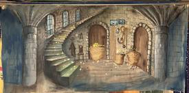 Intérieur de phare avec escaliers en colimaçon, colonne et paniers pleins d'étoiles brillantes