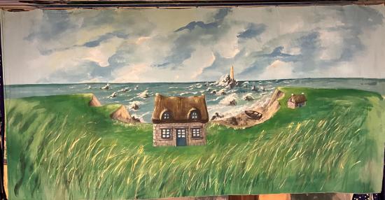 Les falaises, maison, mer, phare au loin