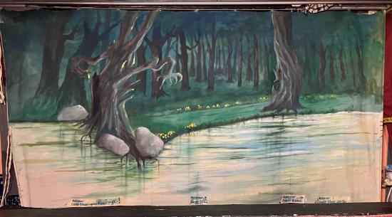 Forêt, rivière, arbre tordu avec des rochers devant