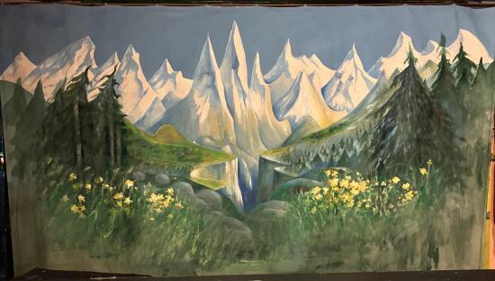 Forêt de sapins, montagnes enneigées et précipice