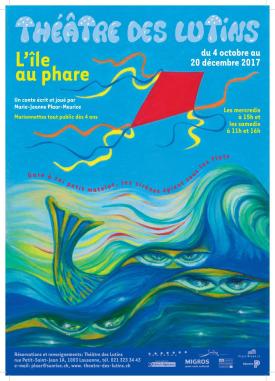 Affiche. Un cerf-volant rouge survole des vagues dans lesquelles transparaissent des yeux de sirènes