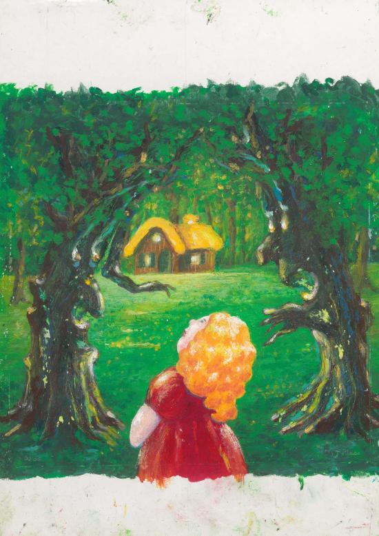 Boucle d'Or vêtue d'une robe rouge, dans la forêt