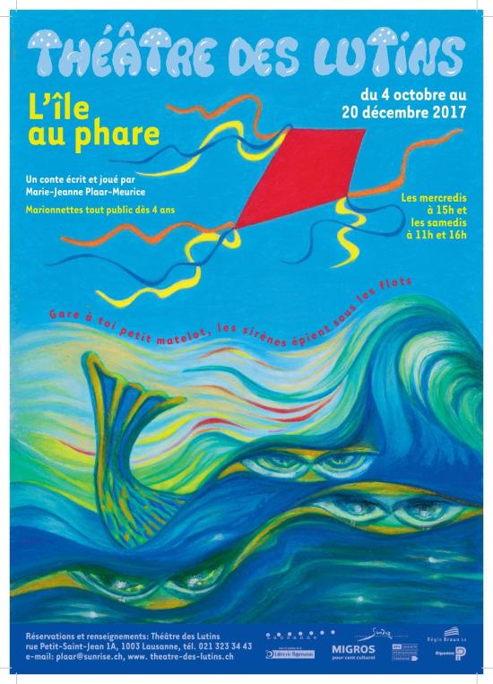 Affiche. Un cerf-volant rouge survole des vagues dans lesquelles transparaissent des yeux de sirènes