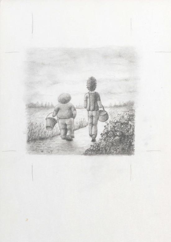 Ptilou et Grand-Toine, de dos, marchant sur un chemin de campagne. Dessin noir/blanc