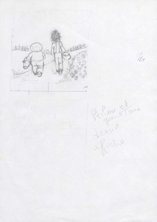 Ptilou et Grand-Toine, de dos, marchant sur un chemin de campagne. Esquisse noir/blanc