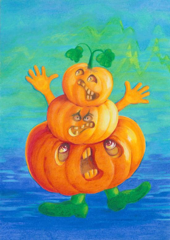 Un personnage fait de citrouilles à tête humaine