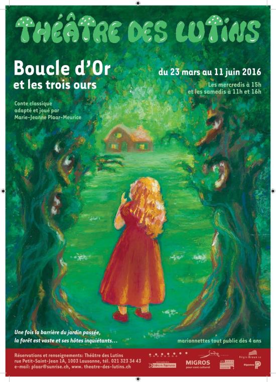 Affiche, Boucle d'Or vêtue d'une robe rouge, dans la forêt