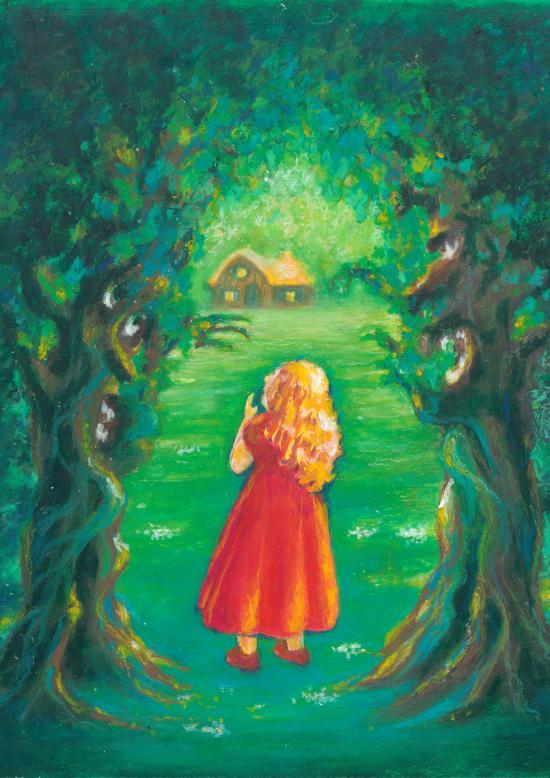 Boucle d'Or vêtue d'une robe rouge, dans la forêt