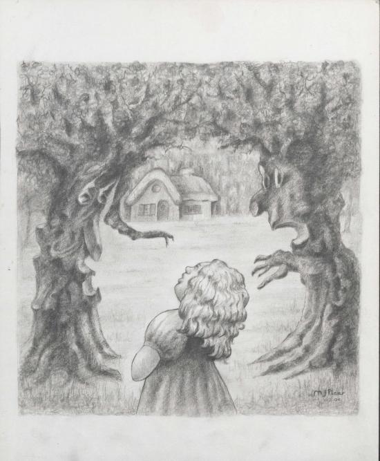 Boucle d'Or vêtue d'une robe dans la forêt, noir/blanc