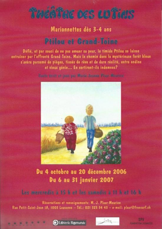 Affiche. Ptilou et Grand-Toine, de dos, marchant sur un chemin de campagne